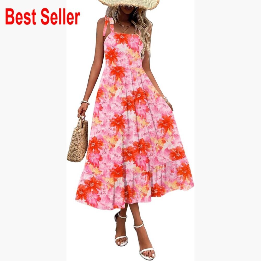Polyester Spandex Maxi Dress with Pockets Spaghetti Strap Sundress
